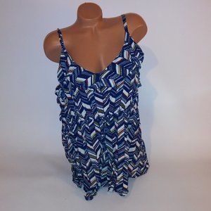 Torrid Tank Top Size 4 4X Blue White Geo Sleeveless Ruffle Trim Gathered Waist B